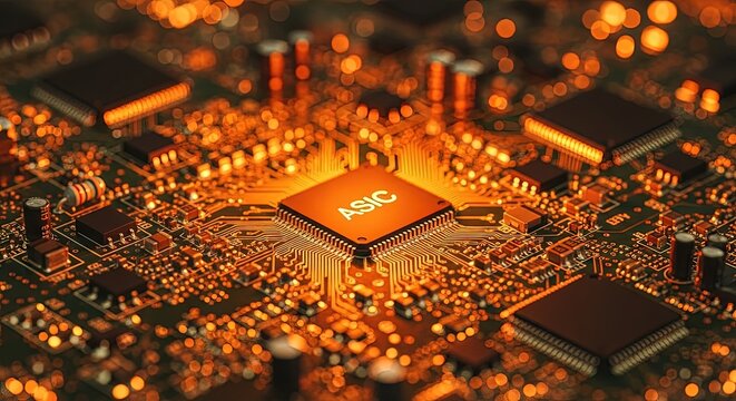 Intricate electronic circuit board with glowing central processor, symbolizing innovation and technology.