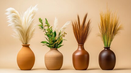 Three decorative vases with varied dried plant arrangements.