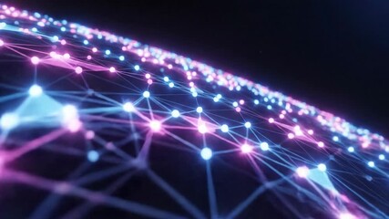 An abstract digital network of glowing blue and pink lights connected by geometric lines against a dark background representing global technology and communication concepts - Powered by Adobe