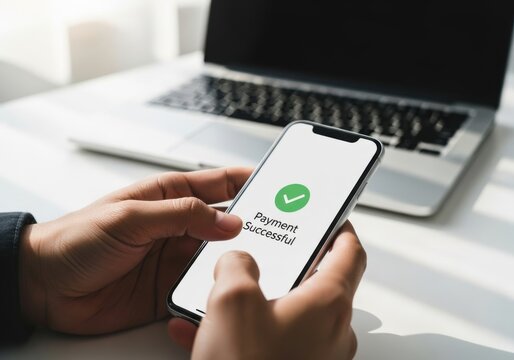 Person holding smartphone showing successful payment confirmation near laptop hand mobile - Powered by Adobe