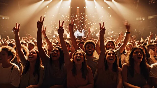 Massive crowd of cheering fans celebrating at a live music festival, with their hands raised in the air under bright stage lights and falling confetti, enjoying the energetic performance