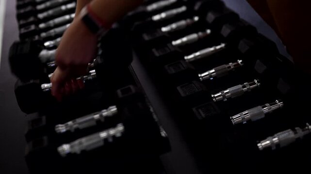 A woman in a modern gym returning dumbbells to the rack after an intense workout session. The scene shows proper gym etiquette, organized equipment, and a focused post training atmosphere.