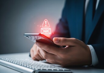 Person holding smartphone with glowing email and alert icons above hand mobile
