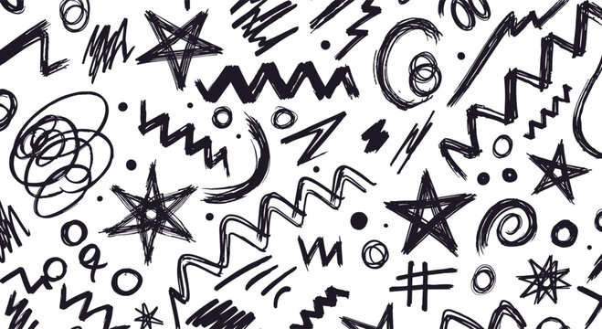 Black hand drawn scribbles stars zigzags circles and dots on white background abstract bold
