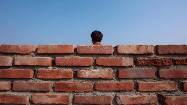 A person s head emerges above a weathered red brick wall against a clear blue sky