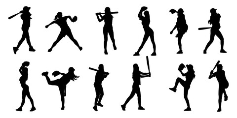 Set of silhouettes of girl playing baseball of illustration vector