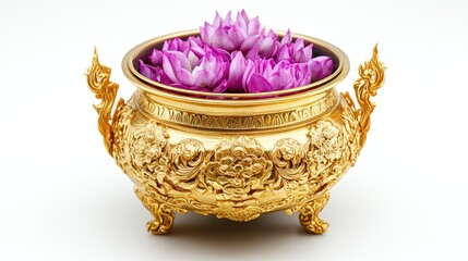 Ornate golden container with purple lotus blossoms.