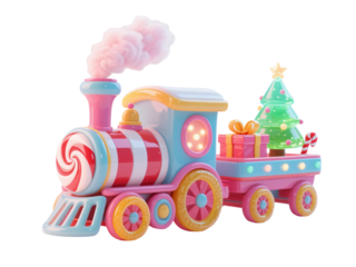 Festive Train and Presents: A vibrant and whimsical train, adorned with festive decorations, chugs along, carrying gifts and a charming Christmas tree, evoking the holiday spirit.