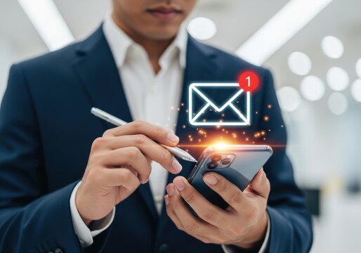 Person in dark blue suit using smartphone with email notification icon male