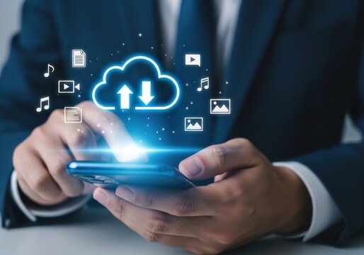 Person in dark blue suit using smartphone with glowing cloud data icons hand mobile - Powered by Adobe