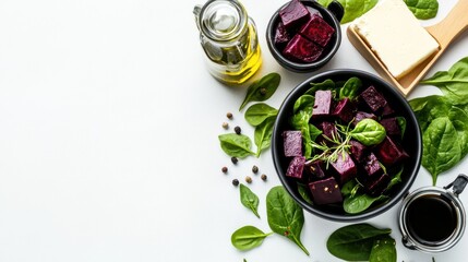 Cubed beets with spinach and herbs.