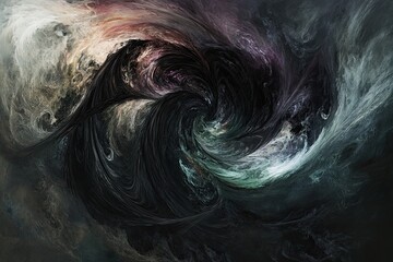 A digital painting of an abstract composition, with swirling patterns and fluid shapes in dark colors like black brown.