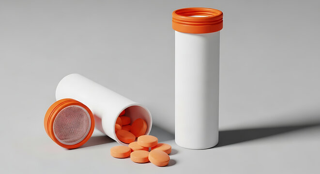 Two white pill tubes with orange caps and scattered orange tablets medicine pills