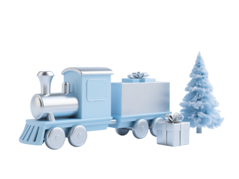 Festive Christmas Train: A charming model train, adorned in holiday hues, transports gift boxes alongside a miniature Christmas tree, evoking feelings of joy and anticipation.