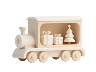 Holiday Train Adornments: A charming wooden train, filled with festive Christmas ornaments of presents and tree, it's a nostalgic and merry display of holiday spirit.