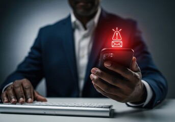 Person in suit holding smartphone with glowing red alert notification message