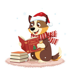 Cheerful Dog in Christmas Costume Reading Storybook in Snowy Winter Scene