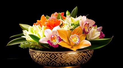 Vibrant floral arrangement in a decorative bowl.