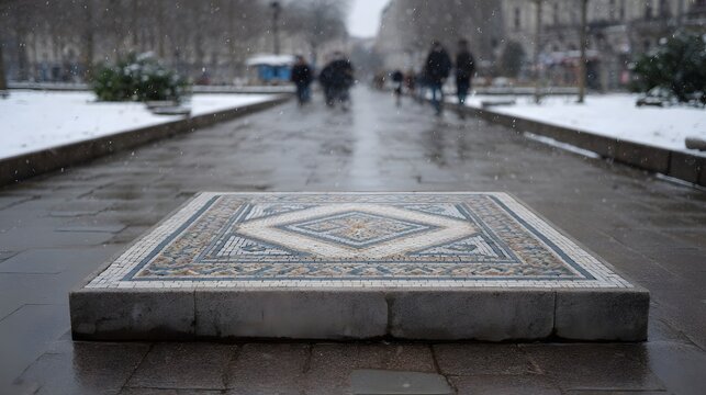 A detailed mosaic tile in the foreground set against a softly blurred winter park scene with falling snow and distant pedestrians