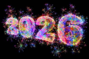 Kolorowe fajerwerki i zimne ognie układające się w noworoczny napis 2026