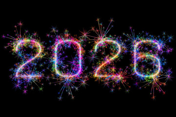 Kolorowe fajerwerki i zimne ognie układające się w noworoczny napis 2026