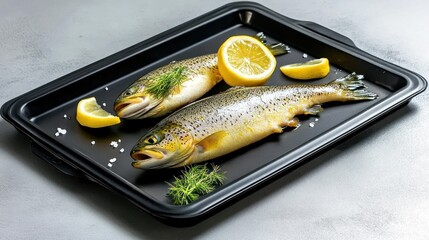 Two whole trout on a baking sheet with lemon slices and dill.