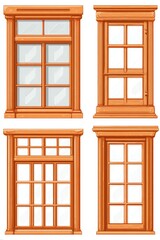 Obraz premium Four distinct wooden windows with varying pane designs, depicted in warm, polished tones