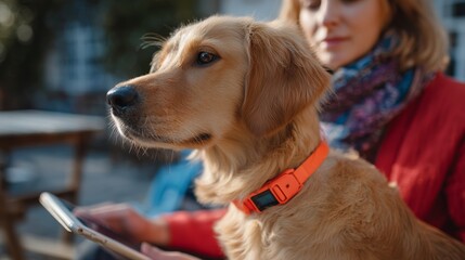 Golden retriever sits beside woman using tablet outdoors on a sunny day