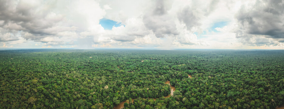 Aerial view of the Amazon rainforest canopy, a sea of green punctuated by a winding brown river under a sky heavy with dramatic clouds, Tipishca, Sucumbios, Ecuador.