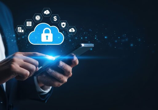Person s hands holding smartphone with glowing cloud security icons technology mobile