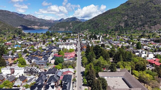 Aerial view of the city of "San Martin de los Andes", Neuquen, Argentina. (Route of the 7 Lakes)