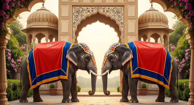 Two majestic elephants adorned in vibrant red and blue blankets stand facing each other under an ornate archway in india