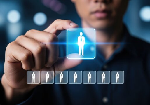 Person selecting a candidate from a row of digital icons hand finger - Powered by Adobe