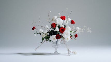 A floral arrangement of red and white roses in a glass vase.
