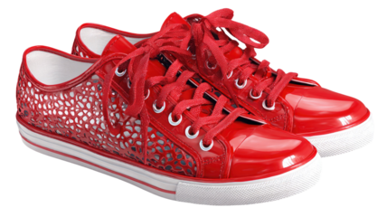 Pair of red sneakers with modern sporty design, comfortable cushioning and durable soles, casual footwear isolated on white background