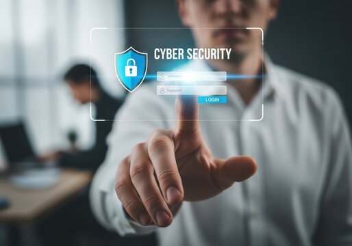 Person touching cyber security login screen with padlock icon hand finger