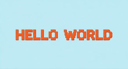 Orange pixelated text spelling "Hello World" on a light blue background