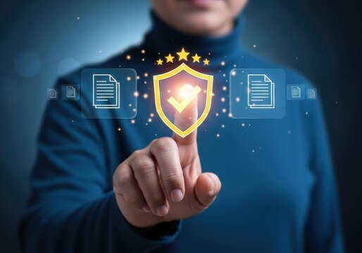 Person touching digital shield with checkmark and document icons finger pointing