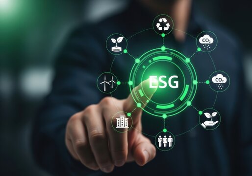 Person touching futuristic green digital interface displaying E S G icons technology future