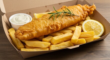 Delicious fish and chips meal served with lemon and sauce in a takeout box