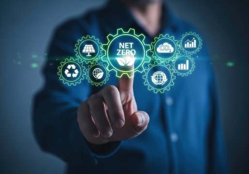 Person touching net zero carbon emissions gears with environmental icons image