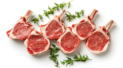 Fresh lamb ribs arranged on a white surface.