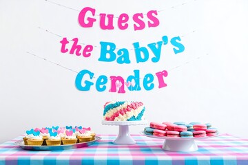 Collection of sweet treats and decorations for gender reveal party, featuring cupcakes, macarons, confetti in pink and blue themes