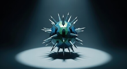 Abstract spiky sphere illuminated in dramatic spotlight on dark background