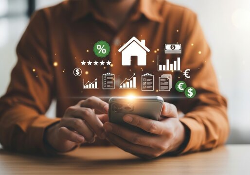 Person using smartphone with financial and real estate icons floating hand mobile - Powered by Adobe