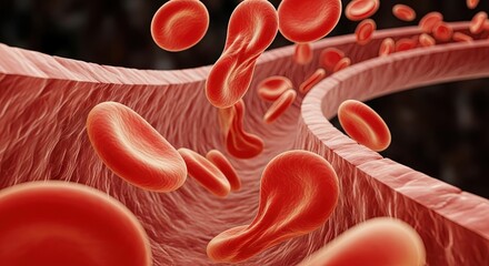 Microscopic view of healthy red blood cells flowing through a blood vessel