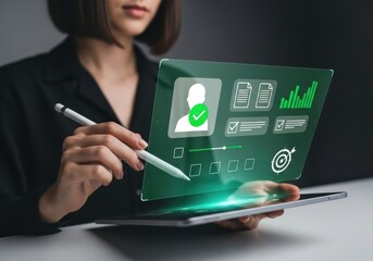 Person using stylus on tablet displaying digital interface with profile and data image