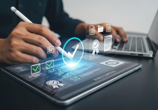 Person using stylus on tablet with digital checklist and certification icons hand checkmark