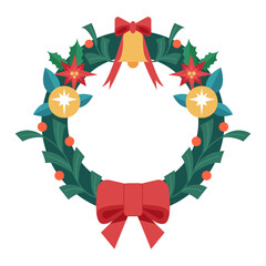 Geometric Christmas Wreath with Bow and Abstract Floral Elements. Flat Vector Illustration for Poster, Print design, Card, Branding, Packaging. 