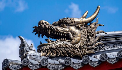 A detailed bronze dragon head sculpture is prominently displayed on the roof of a building, adorned with intricate carvings and set against a clear blue sky.